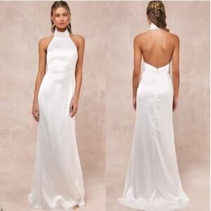 Lulus Women's Luxe Destiny White‎ Satin Backless Halter Mermaid Maxi Dress XL